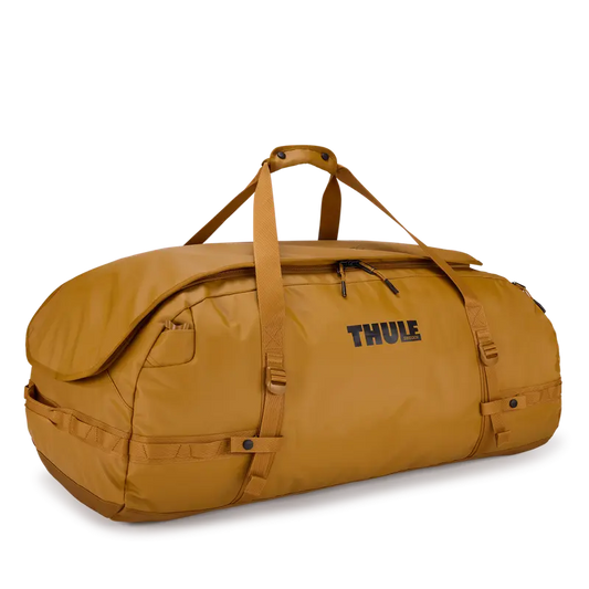 Thule Chasm 130L Golden Brown duffel, front three-quarter view
