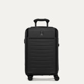 Front view of the Travelpro Platinum Elite Compact Carry-On Hardside Spinner in Shadow Black, showing the durable polycarbonate shell, precision-engineered telescoping handle, and self-aligning spinner wheels.