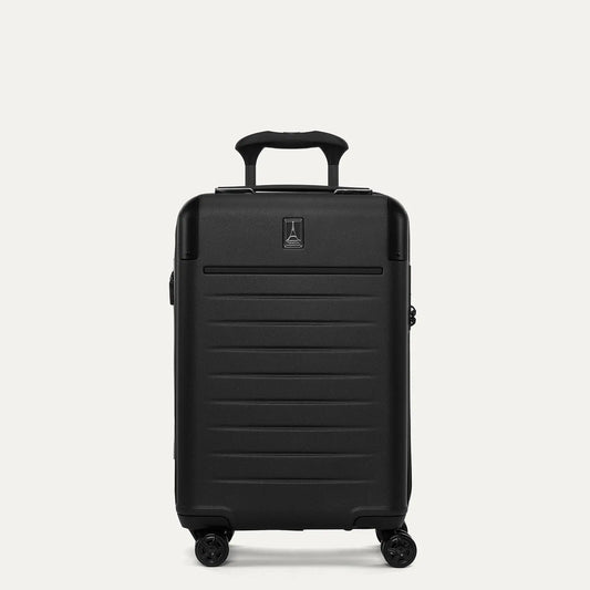 Front view of the Travelpro Platinum Elite Compact Carry-On Hardside Spinner in Shadow Black, showing the durable polycarbonate shell, precision-engineered telescoping handle, and self-aligning spinner wheels.