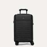 Front view of the Travelpro Platinum Elite Carry-On Hardside Spinner in Jet Black, featuring the durable polycarbonate shell, leather-trimmed front branding, and the multi-stop PowerScope Lite handle.