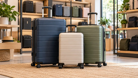 Three unbranded hard-shell suitcases displayed in a modern luggage showroom.