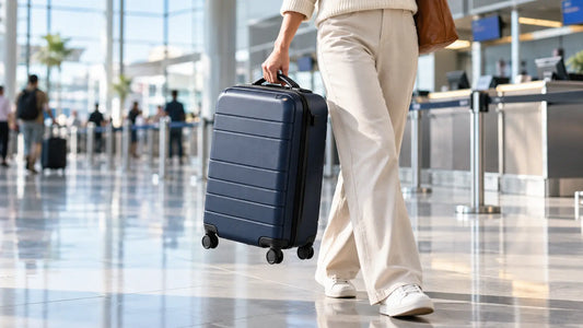 A traveler lifting a navy hard-shell carry-on by its top handle in a bright airport terminal.