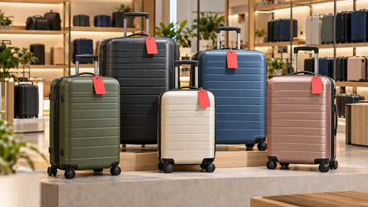 Five unbranded suitcases displayed with blank red sale tags in a modern luggage store.