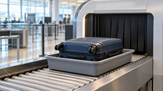Navy hard-shell carry-on in a security bin entering a modern airport CT scanner.