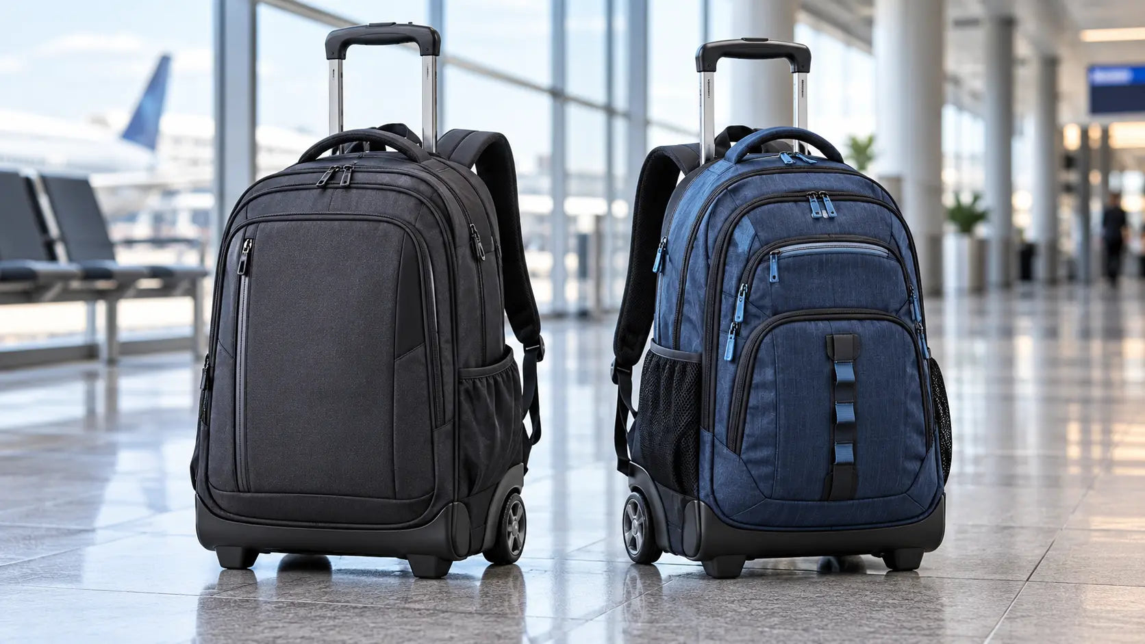 Two rolling backpacks with wheels and telescoping handles in an airport terminal.