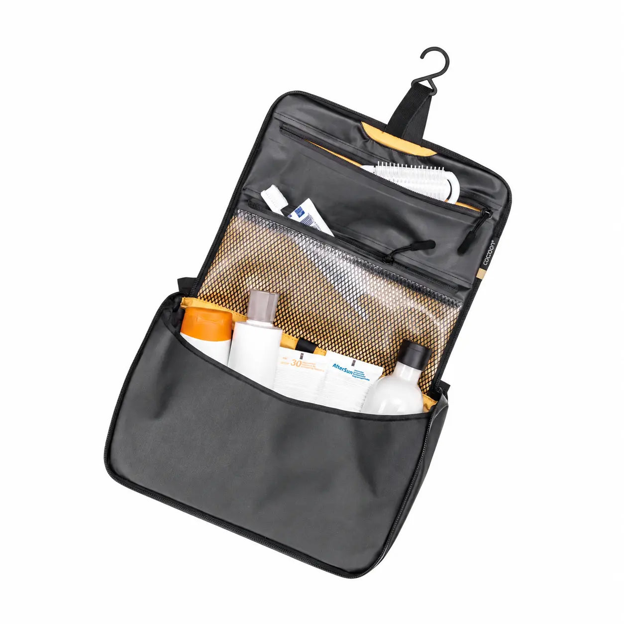 COCOON Allrounder Toiletry Kit in manufacturer Yellow, shown open with gray body and yellow accent; toiletries not included