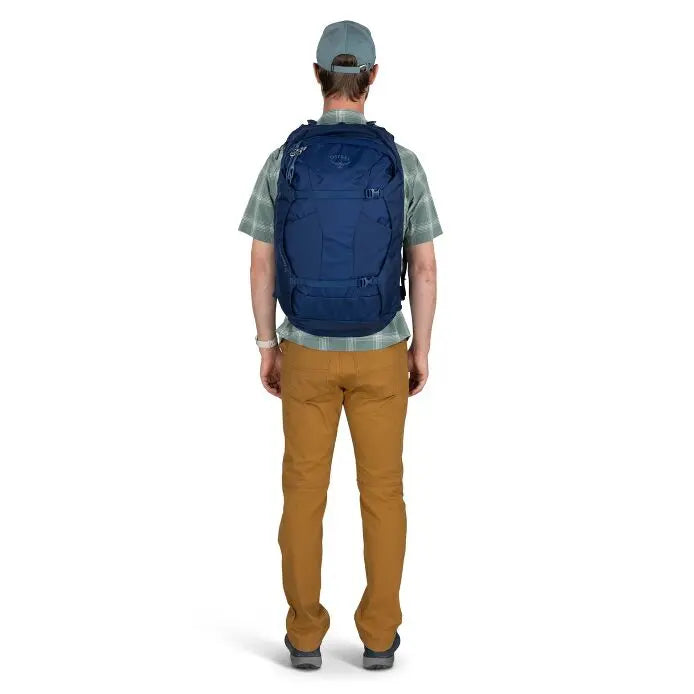 Osprey Farpoint 40 Travel Pack in Antique Blue — on-body rear view