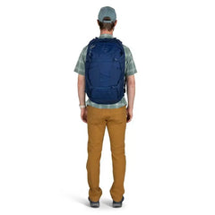 Osprey Farpoint 40 Travel Pack in Antique Blue — on-body rear view
