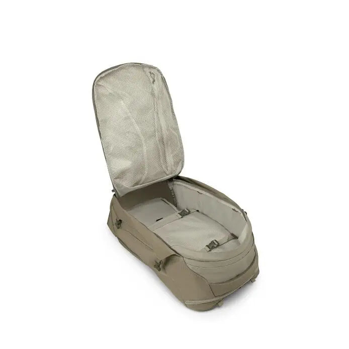 Osprey Farpoint 40 Travel Pack in Sawdust Tan — open interior view