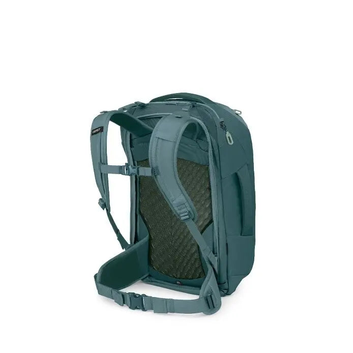 Osprey Farpoint 40 Travel Pack in Cascade Blue-Torrent Blue — rear three-quarter view