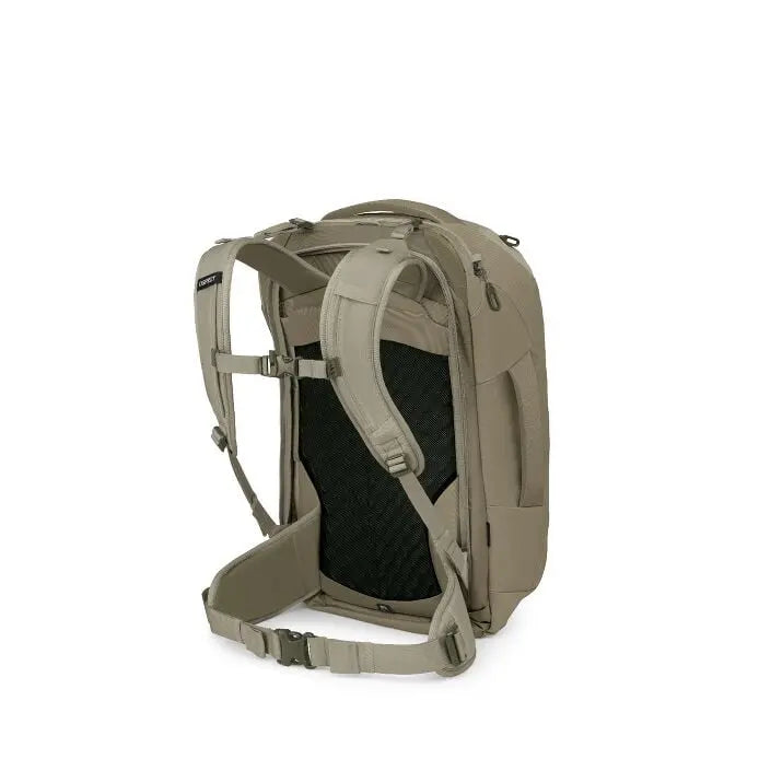 Osprey Farpoint 40 Travel Pack in Sawdust Tan — rear three-quarter view