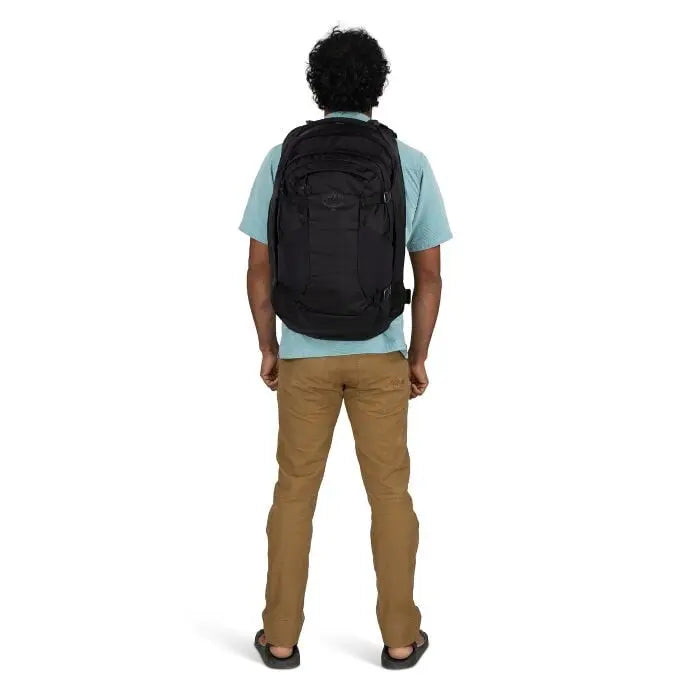 Osprey Farpoint 55 Travel Pack in Black — on-body rear view