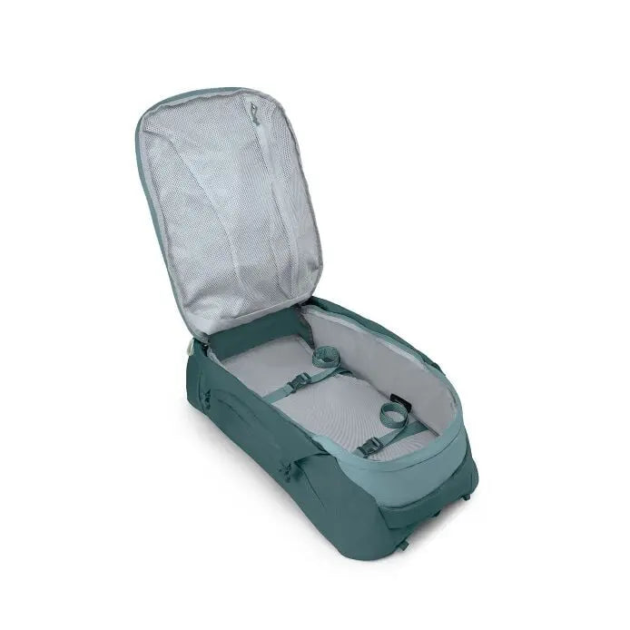 Osprey Farpoint 55 Travel Pack in Cascade Blue-Torrent Blue — open interior view