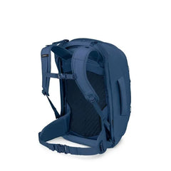 Osprey Farpoint 55 Travel Pack in Antique Blue — rear three-quarter view