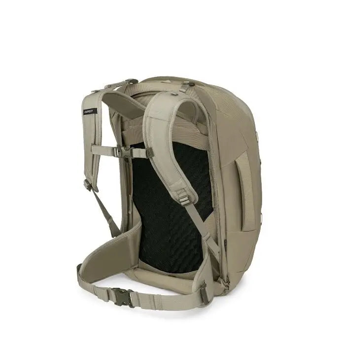Osprey Farpoint 55 Travel Pack in Sawdust Tan — rear three-quarter view