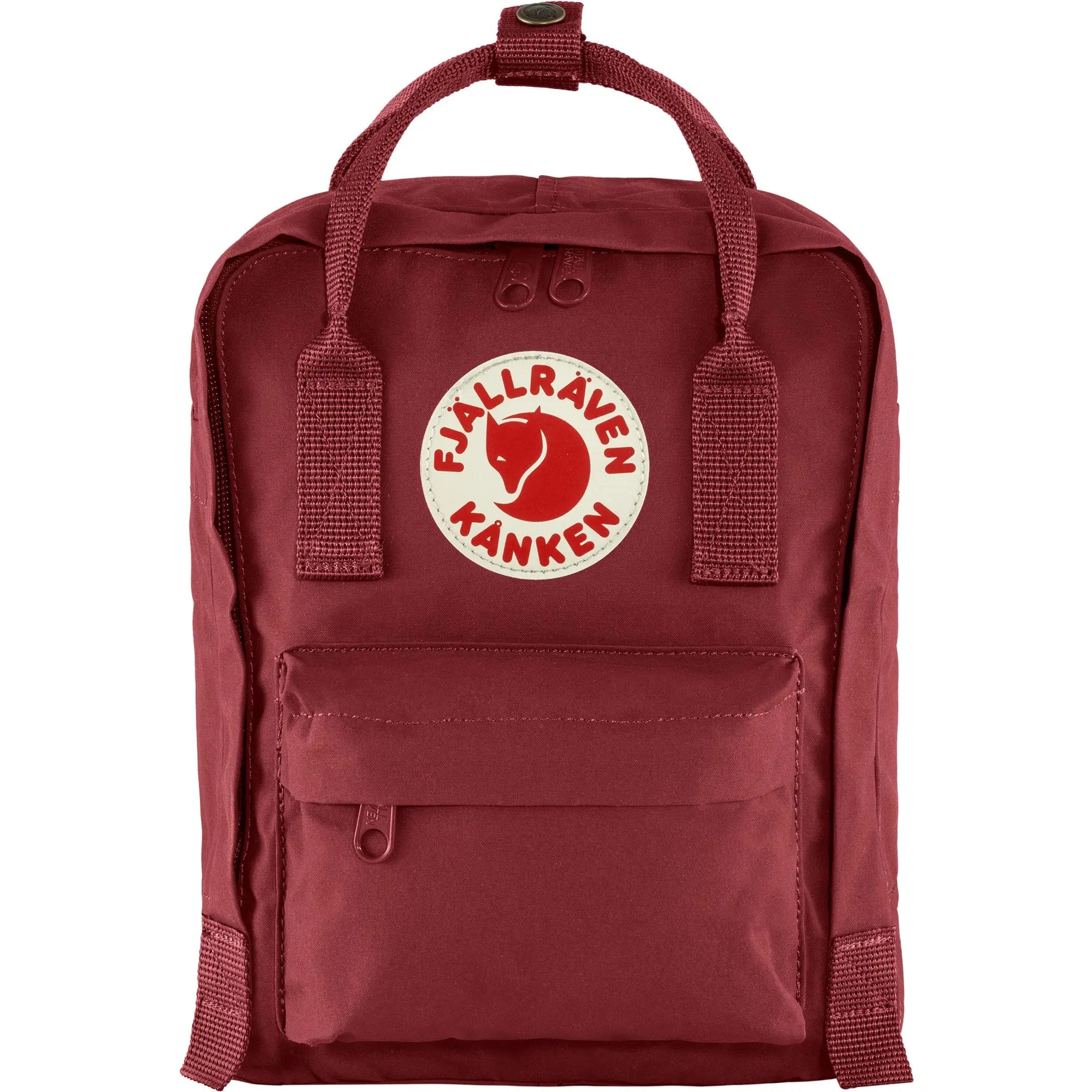 Fjallraven Kanken Mini Backpack in Ox Red, front view on white