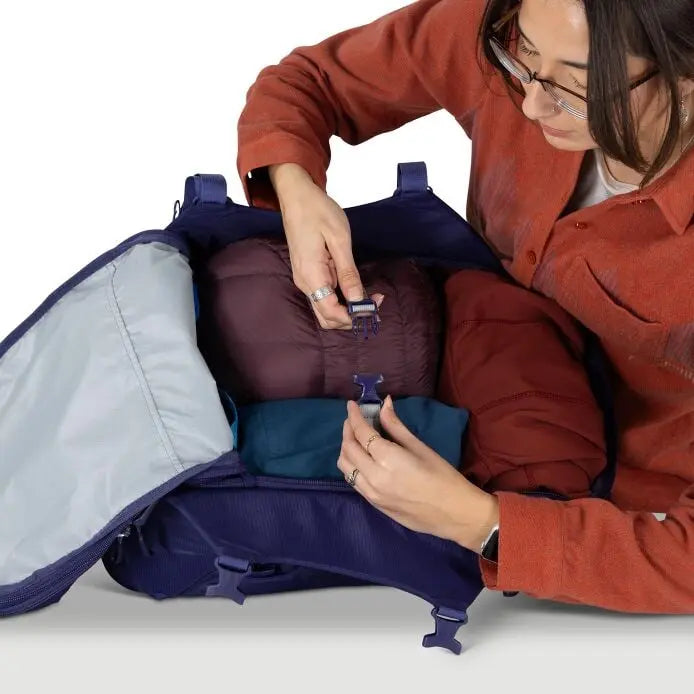 Osprey Sojourn Porter 30L (2026) - internal compression strap, shown in Deep Fig