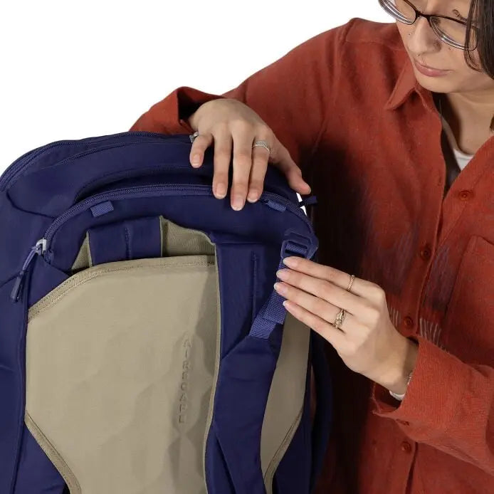 Osprey Sojourn Porter 30L (2026) - stowaway harness cover, shown in Deep Fig