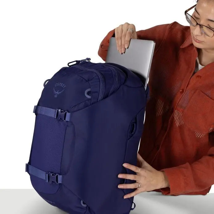 Osprey Sojourn Porter 30L (2026) - external laptop compartment, shown in Deep Fig