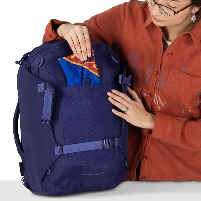 Osprey Sojourn Porter 30L (2026) - front shove-it pocket, shown in Deep Fig