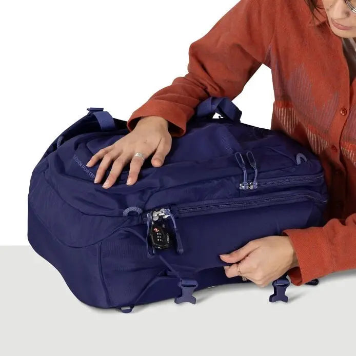 Osprey Sojourn Porter 30L (2026) - WingJacket compression demonstration, shown in Deep Fig