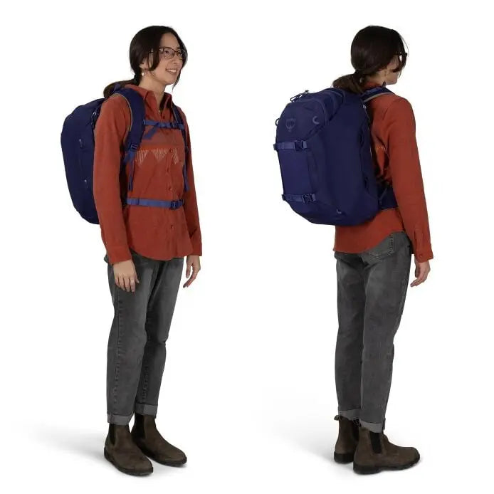 Osprey Sojourn Porter 30L (2026) - front and rear worn fit views, shown in Deep Fig