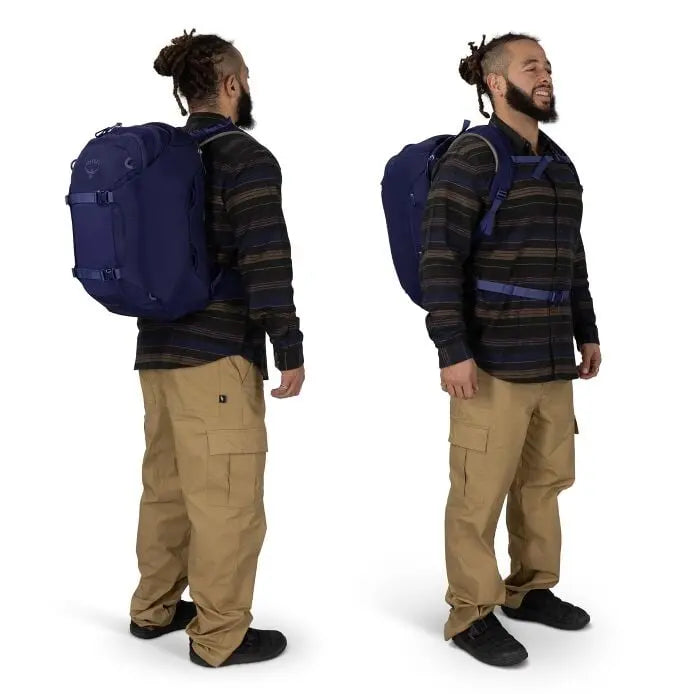 Osprey Sojourn Porter 30L (2026) - front and rear worn fit views, shown in Deep Fig