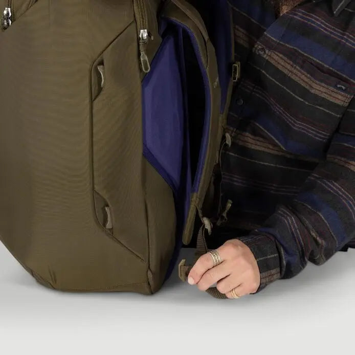 Osprey Sojourn Porter 46L (2026) - side zip pocket, shown in Moss Green