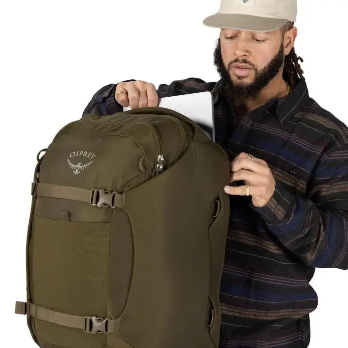 Osprey Sojourn Porter 46L (2026) - external laptop compartment, shown in Moss Green