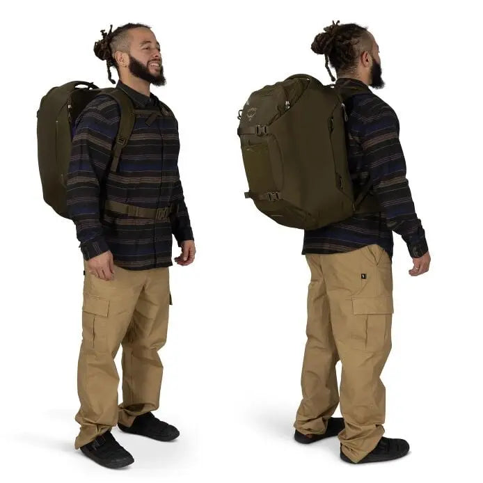 Osprey Sojourn Porter 46L (2026) - front and rear worn fit views, shown in Moss Green