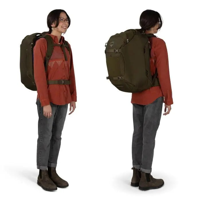 Osprey Sojourn Porter 46L (2026) - front and rear worn fit views, shown in Moss Green