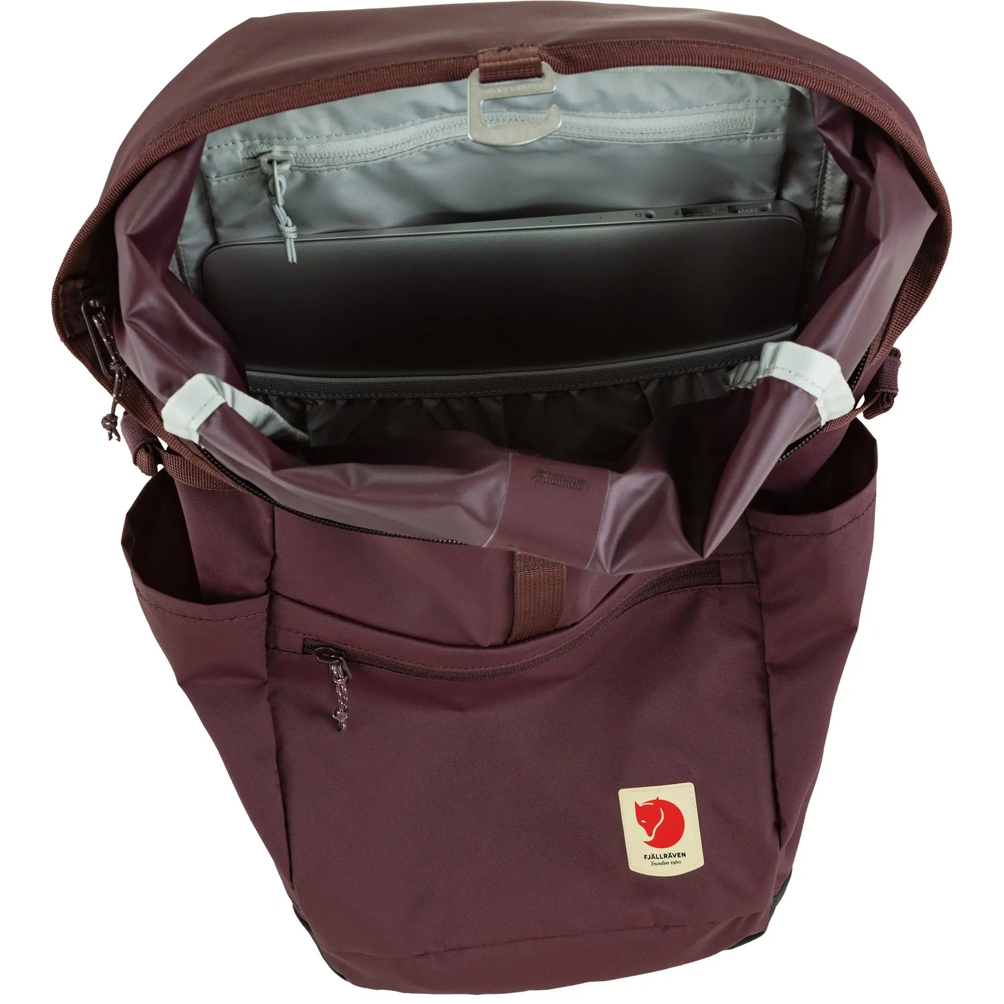 Fjallraven High Coast Foldsack 24, interior laptop sleeve, shown in Blackberry; shared feature image