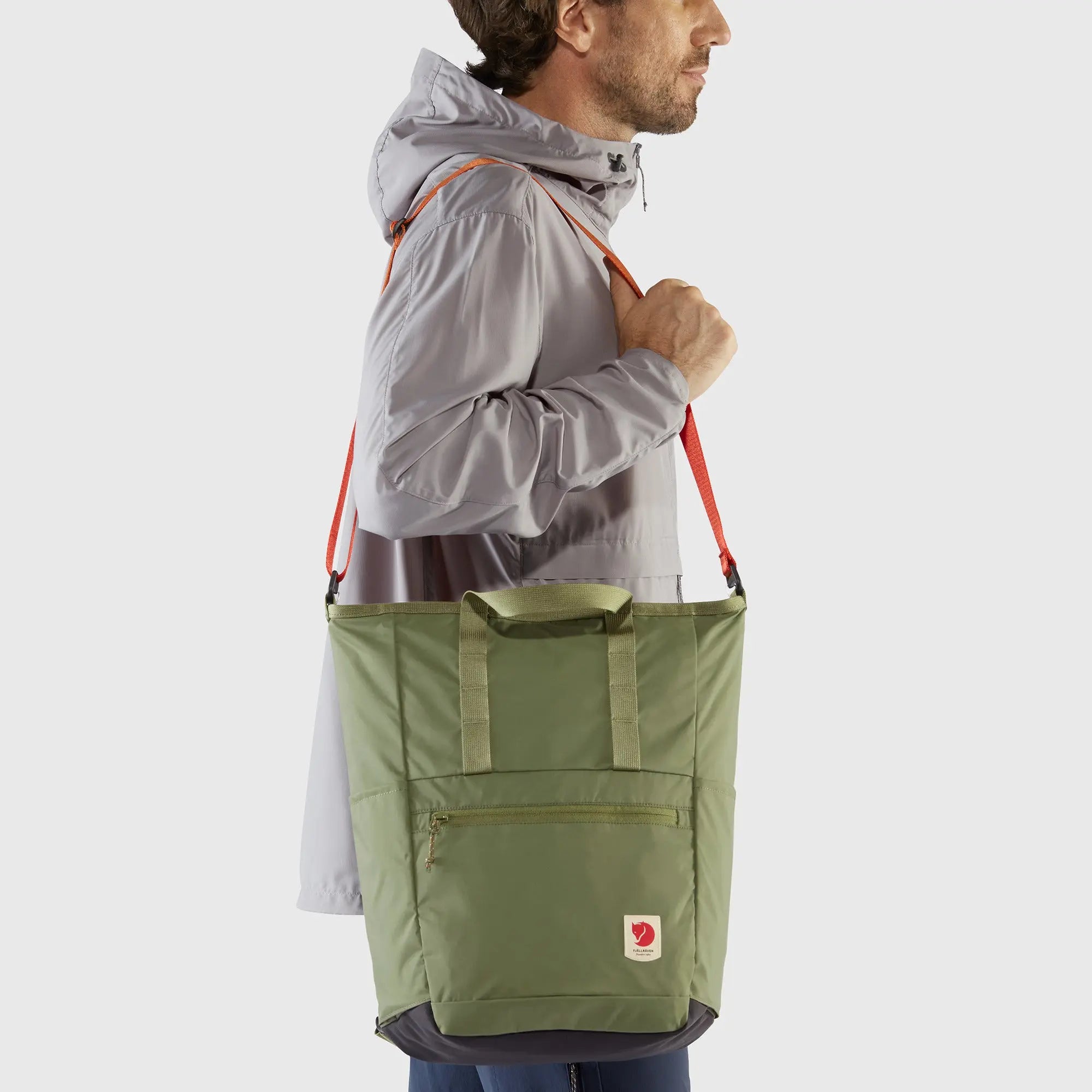 Fjallraven High Coast Totepack, shoulder carry on a model, shown in Green; shared feature image