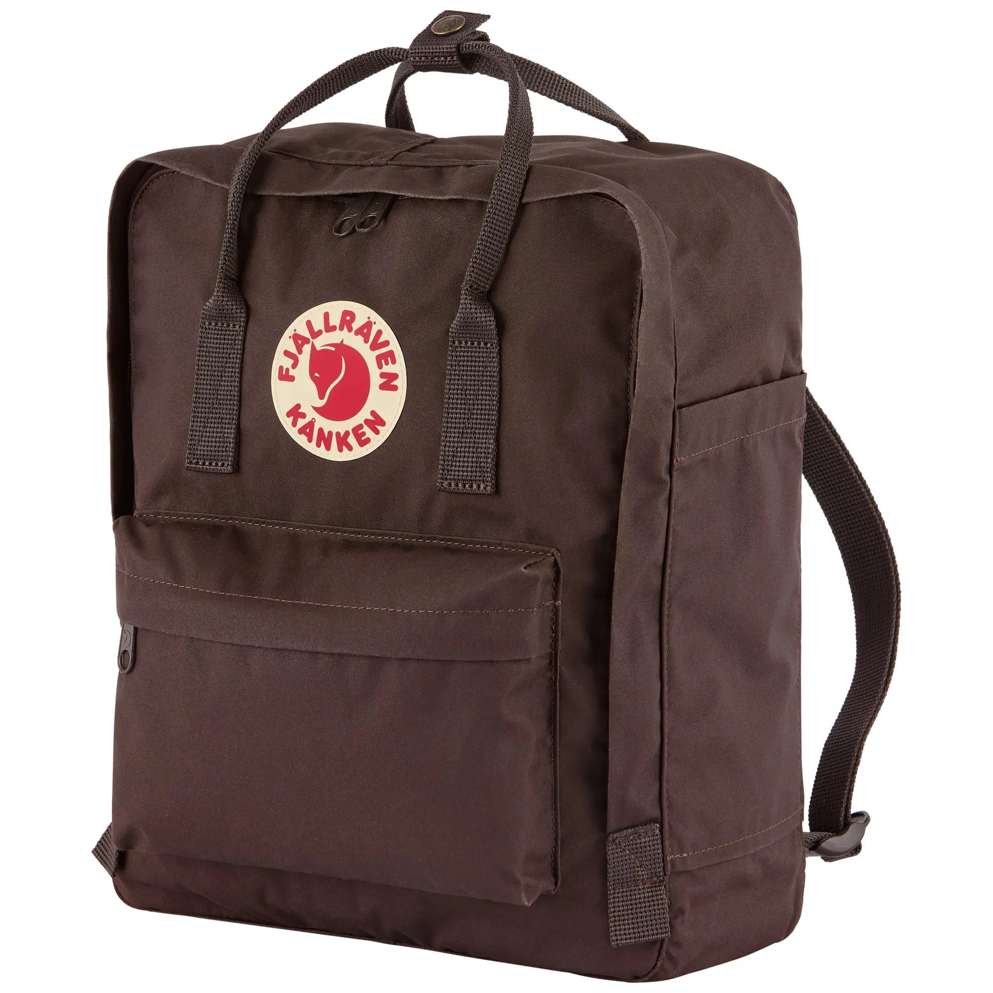 Fjallraven Kanken Backpack in Black Oak, angled view on white