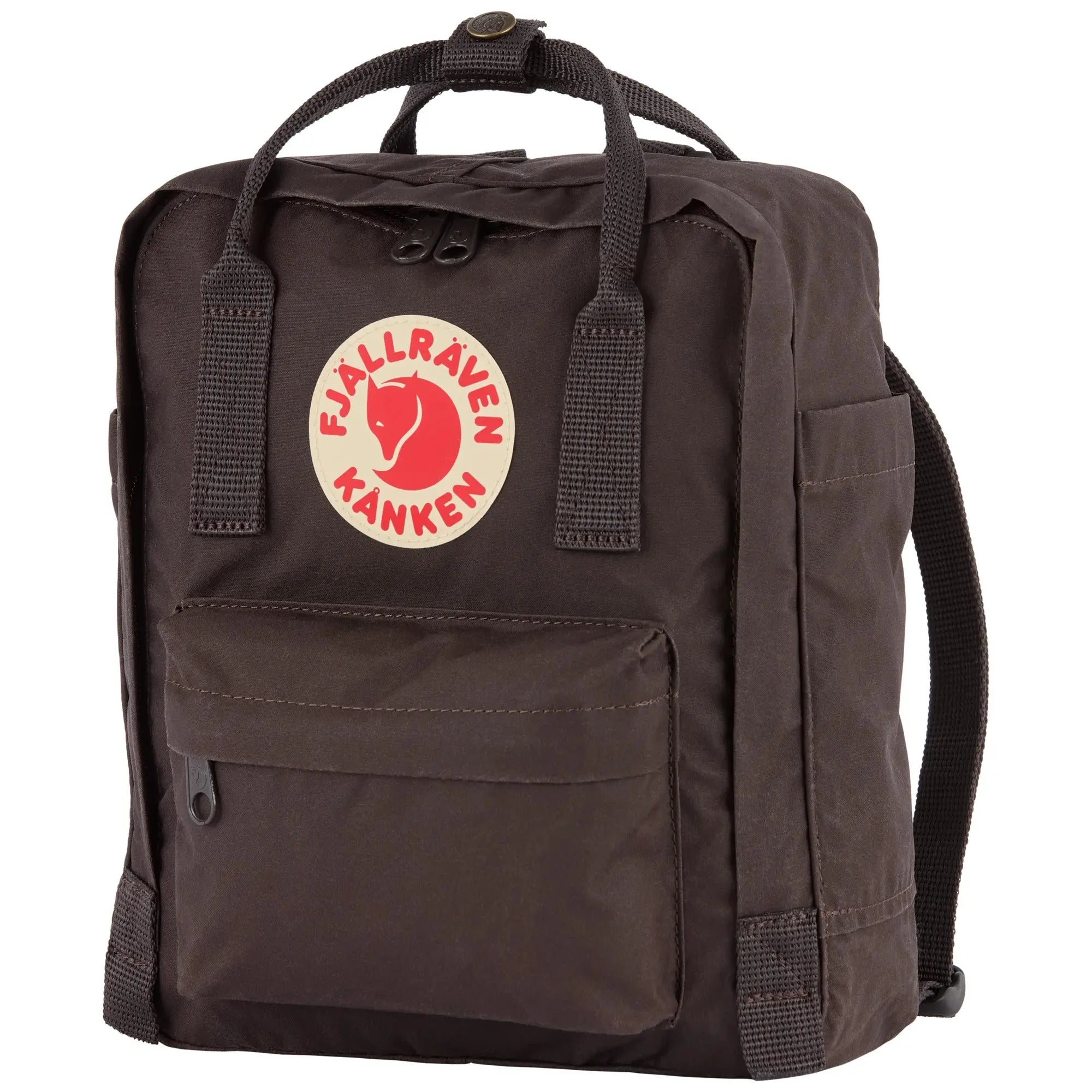 Fjallraven Kanken Mini Backpack in Black Oak, angled view on white