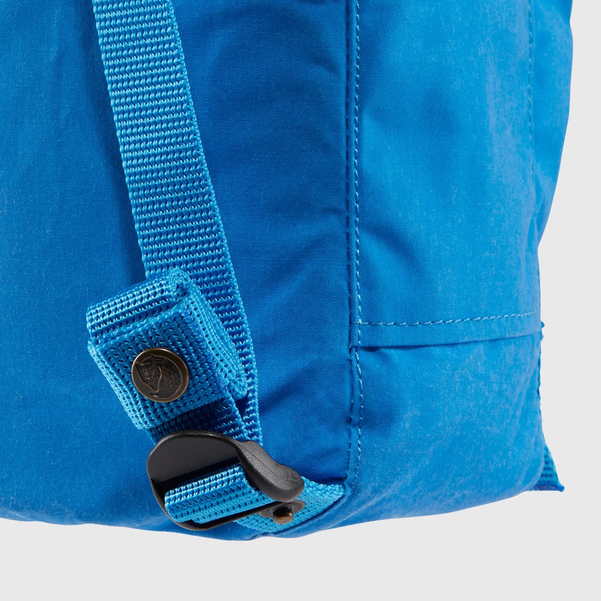 Fjallraven Kanken Mini Backpack, shoulder-strap fastening detail, shown in blue; shared feature image