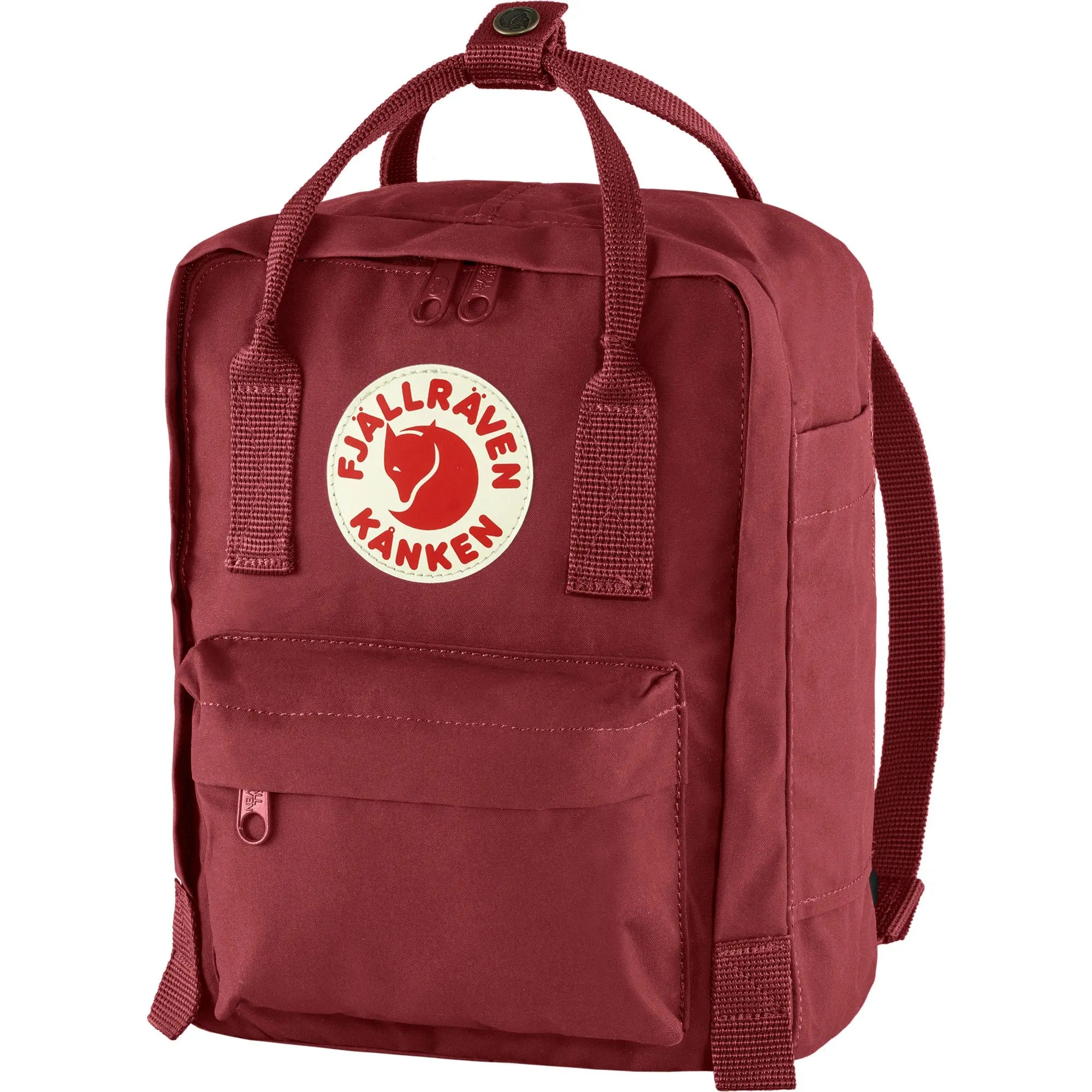 Fjallraven Kanken Mini Backpack in Ox Red, angled view on white