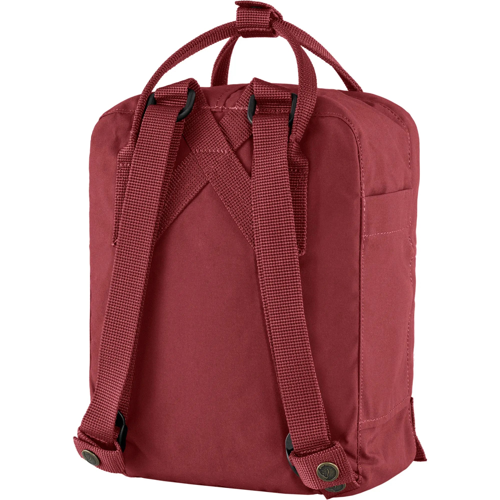 Fjallraven Kanken Mini Backpack in Ox Red, angled rear view on white