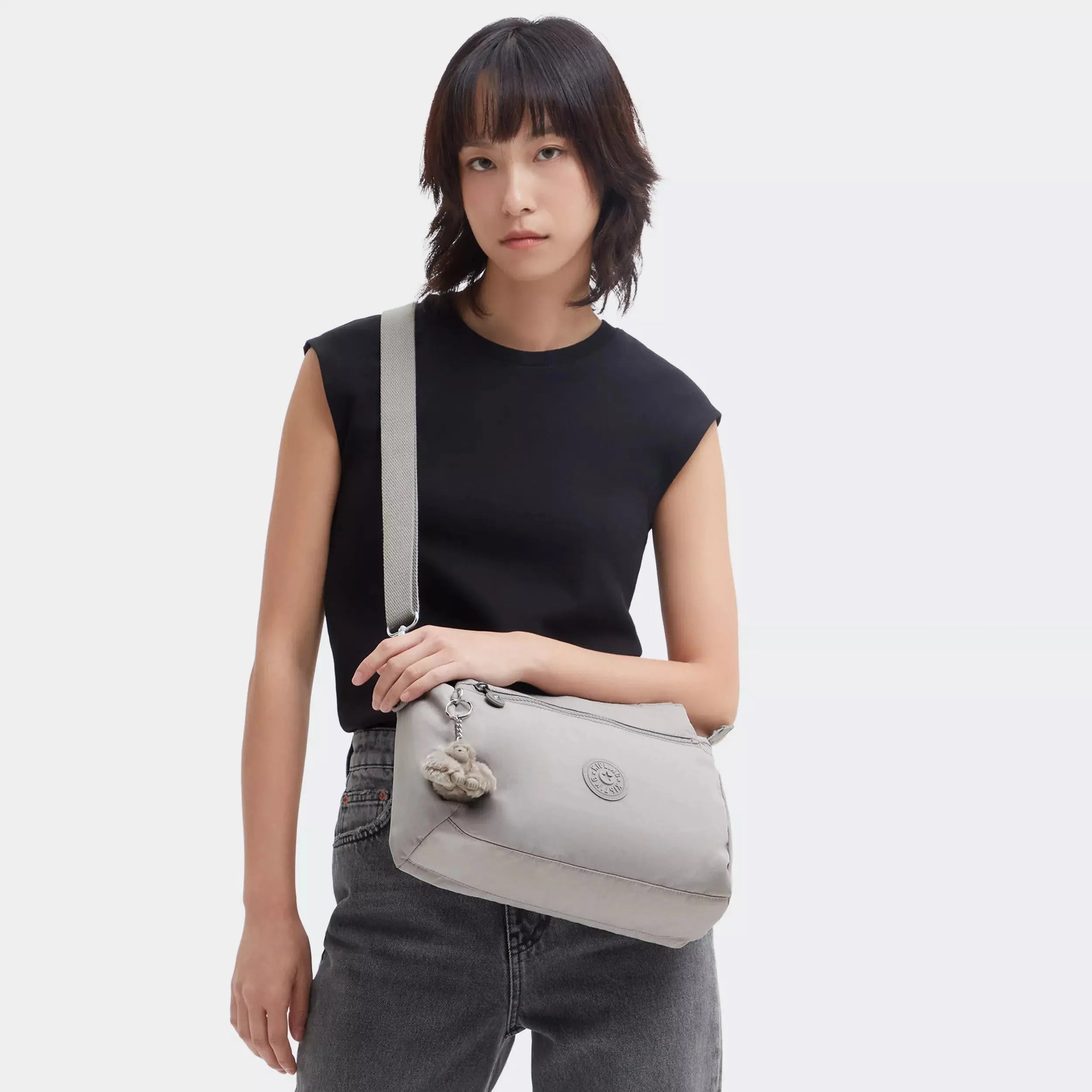 Kipling Elysia Shoulder Bag in Grey Gris, worn by a model