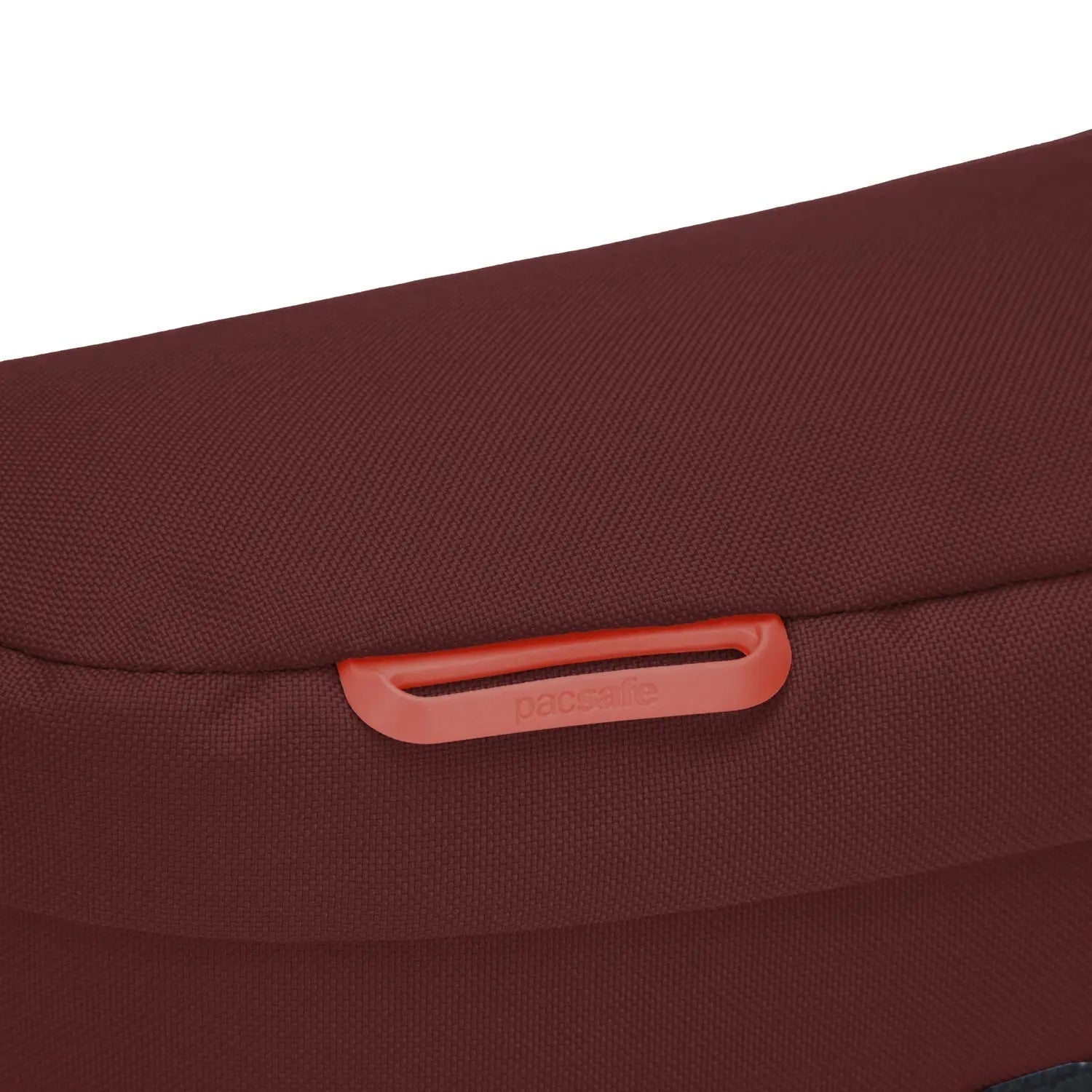 Pacsafe GO Sling Pack, Garnet Red — front zipper detail