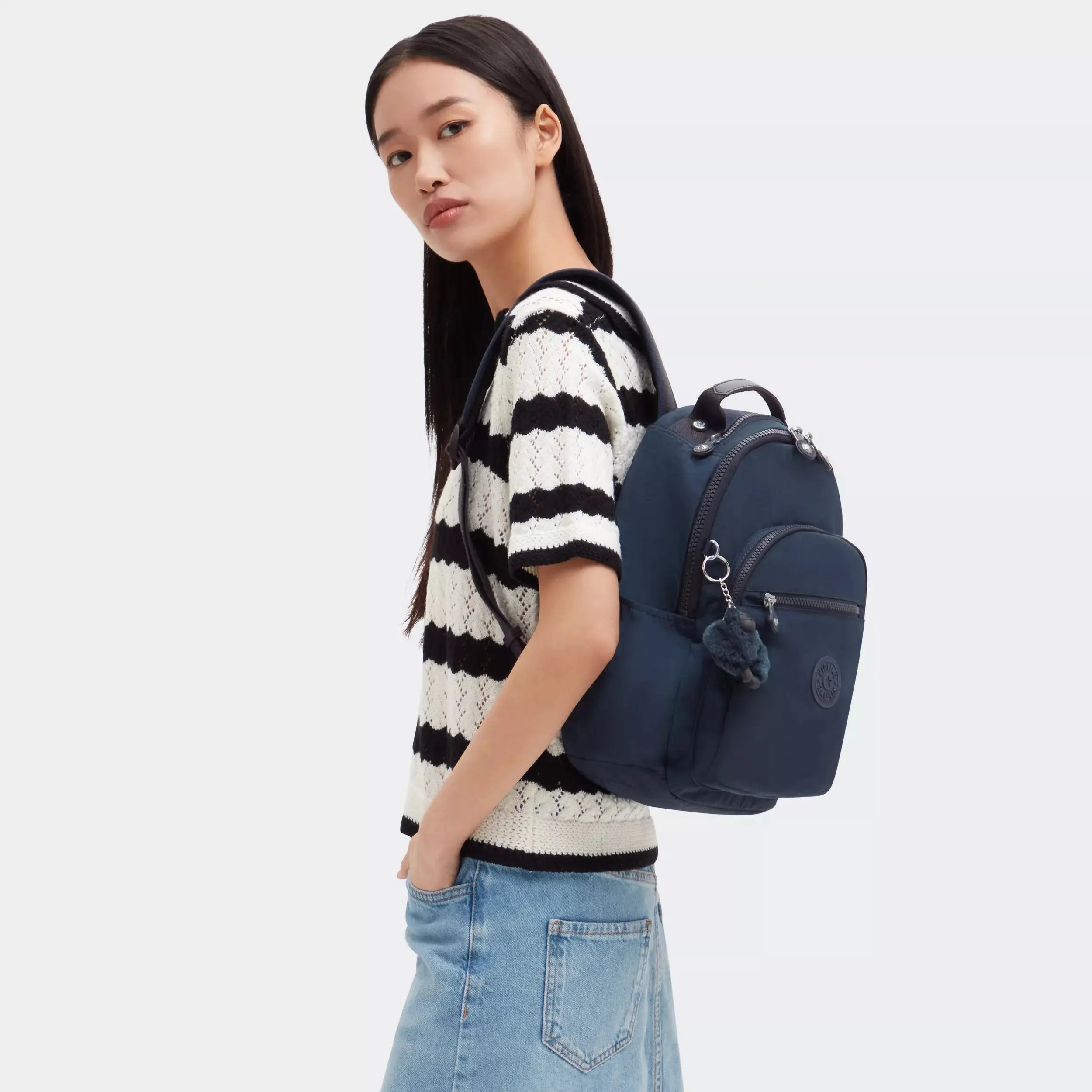 Kipling Seoul Small Tablet Backpack in Blue Bleu 2, lifestyle view