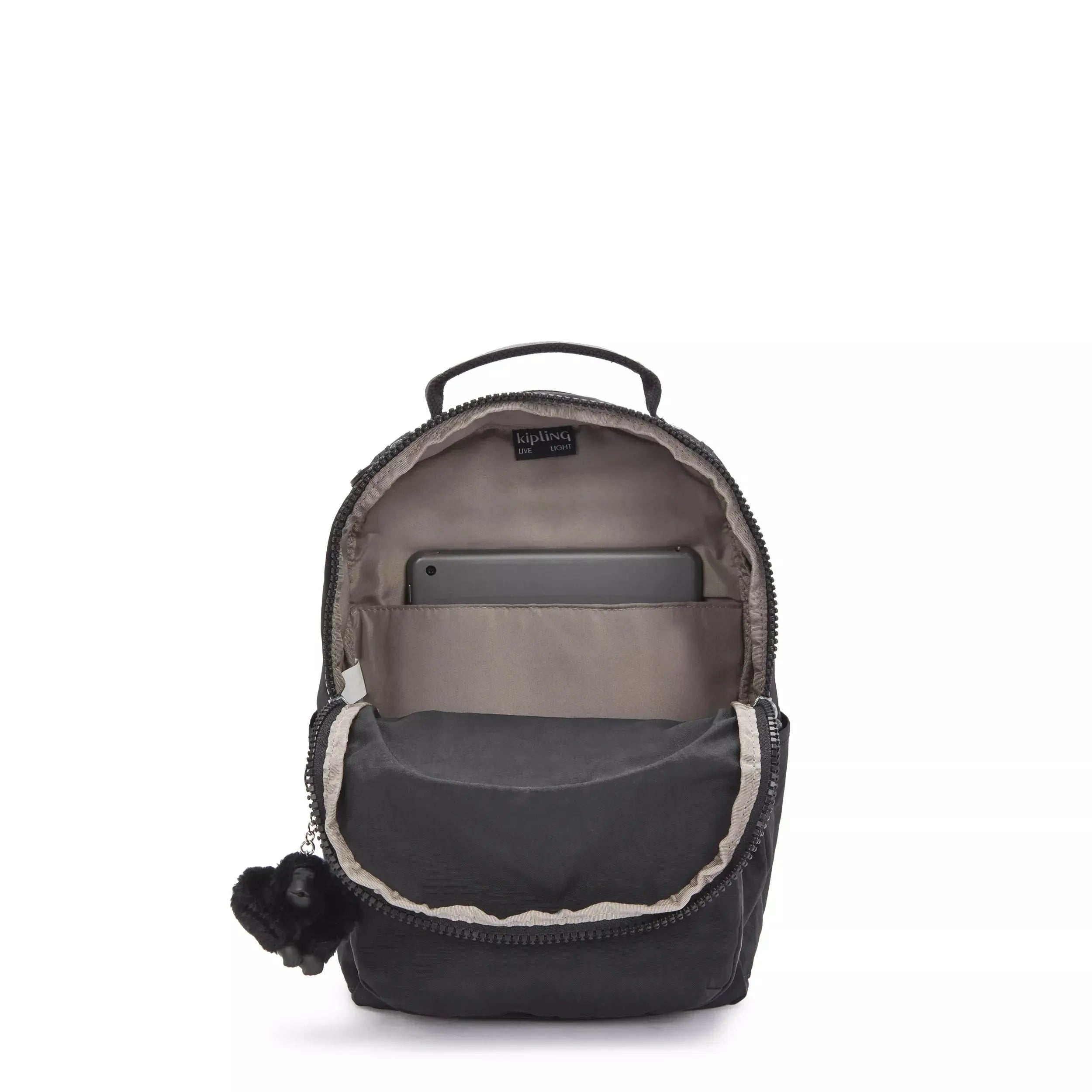 Kipling Seoul Small Tablet Backpack in Black Noir, open interior