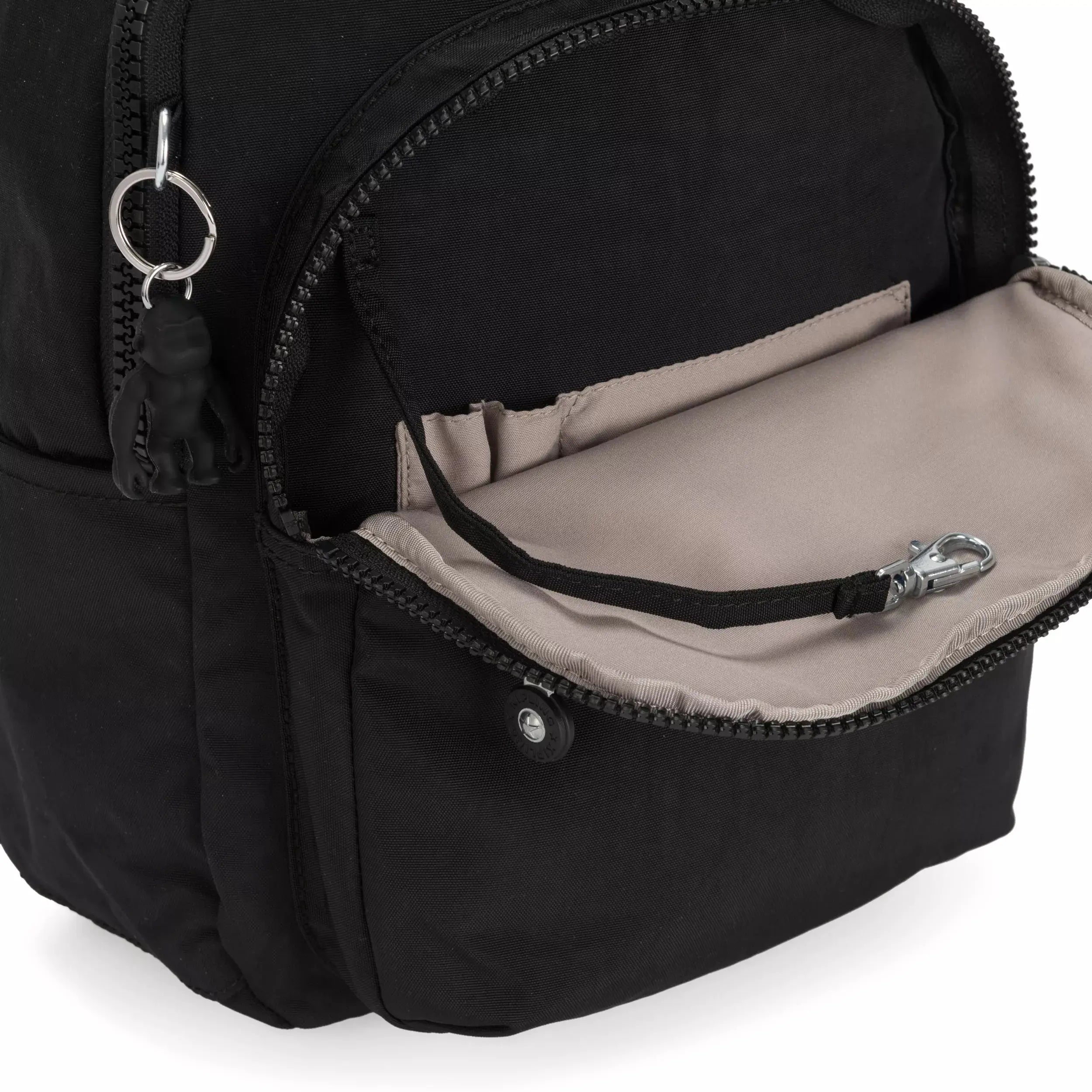 Kipling Seoul Small Tablet Backpack in Black Noir, front pocket detail