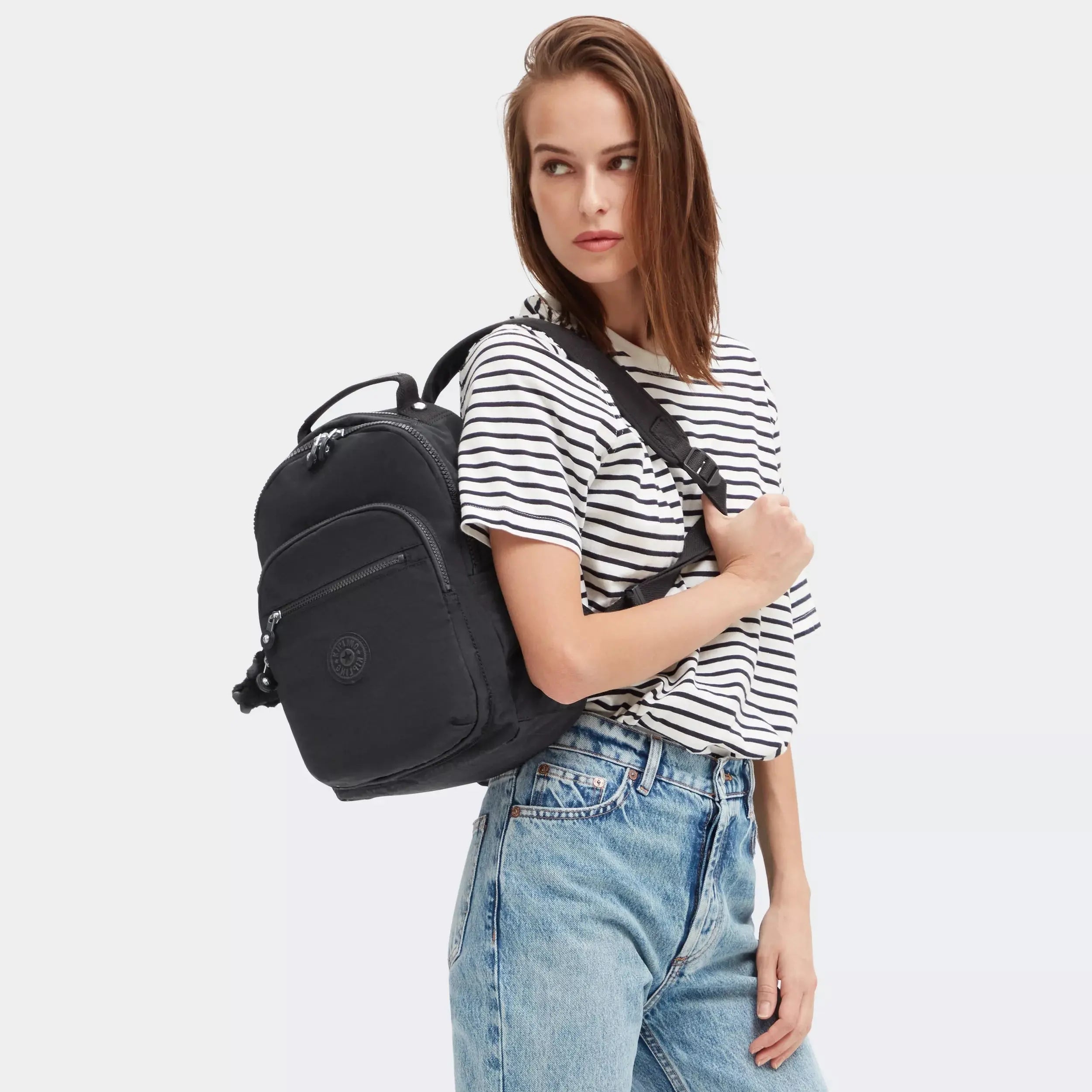 Kipling Seoul Small Tablet Backpack in Black Noir, lifestyle view