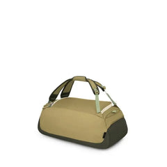 A compact duffel bag is shown from a front-side angle on a white background. The bag features a two-tone green color scheme with a lighter olive body and darker forest panels on the base and ends. It has padded grab handles, adjustable side straps with bu