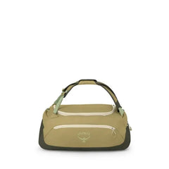 The image shows a compact Osprey duffel bag in shades of olive and green with cream zippers and accents. It has a padded, wraparound handle on top, a front zip pocket with the Osprey logo, and reinforced darker panels on the sides and base. Additional ima