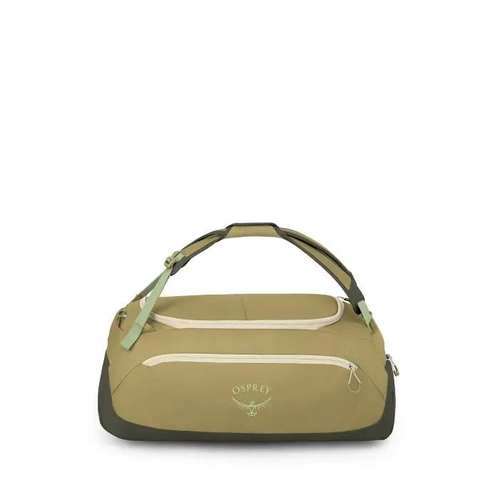 A compact Osprey duffel bag sits centered on a white background. The bag is olive green with darker green accents and cream zippers, featuring the Osprey logo on the front pocket. It has a padded, arching carry handle with adjustable straps and multiple e
