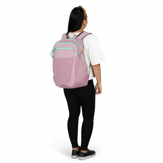 Osprey Flare 27 backpack in Iris Pink - on-body rear view