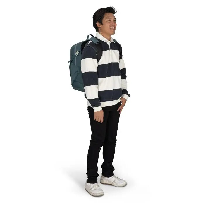 Osprey Flare 27 backpack in Cascade Blue-Torrent Blue - on-body side view