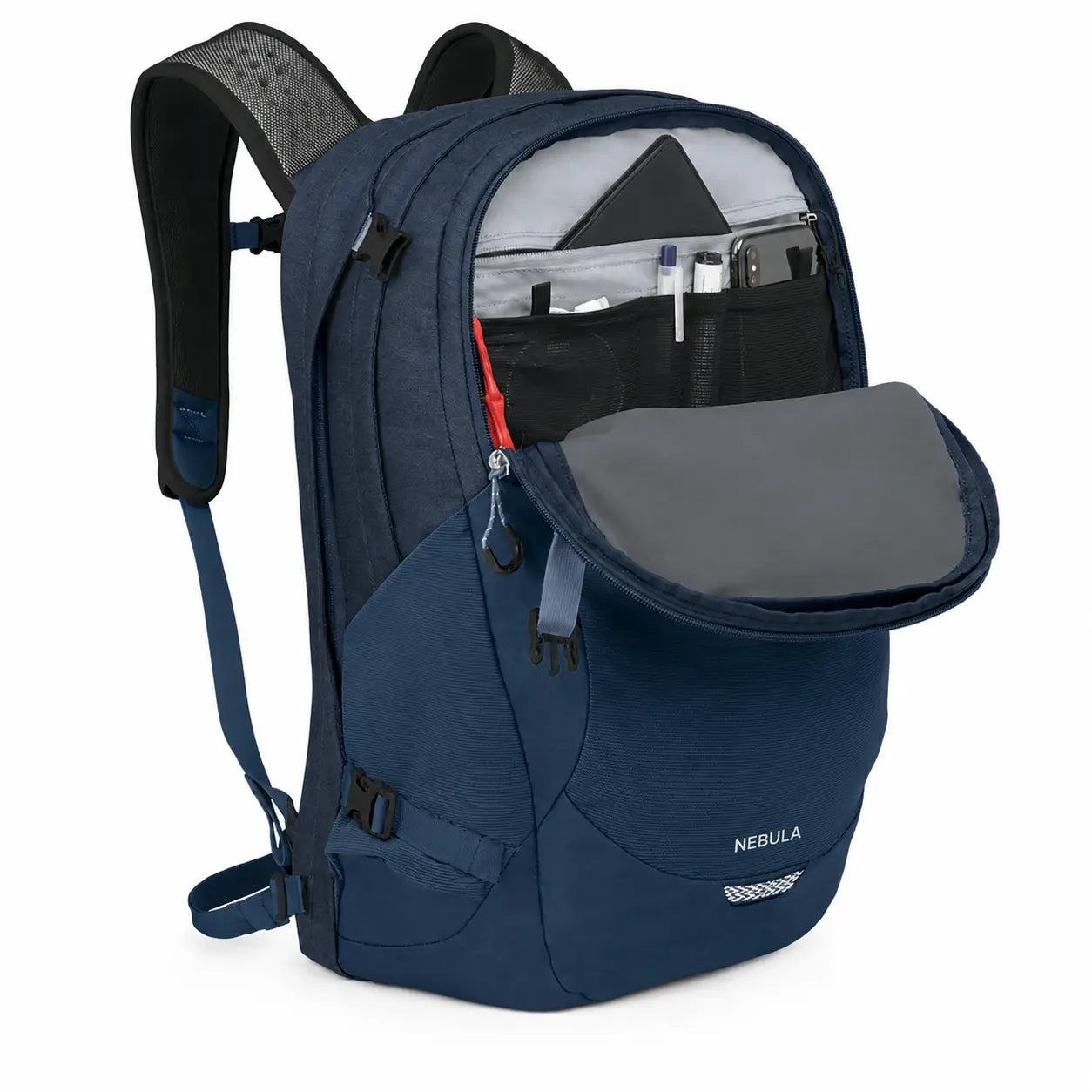 Osprey Nebula 32 Atlas Blue backpack with organizer compartment open